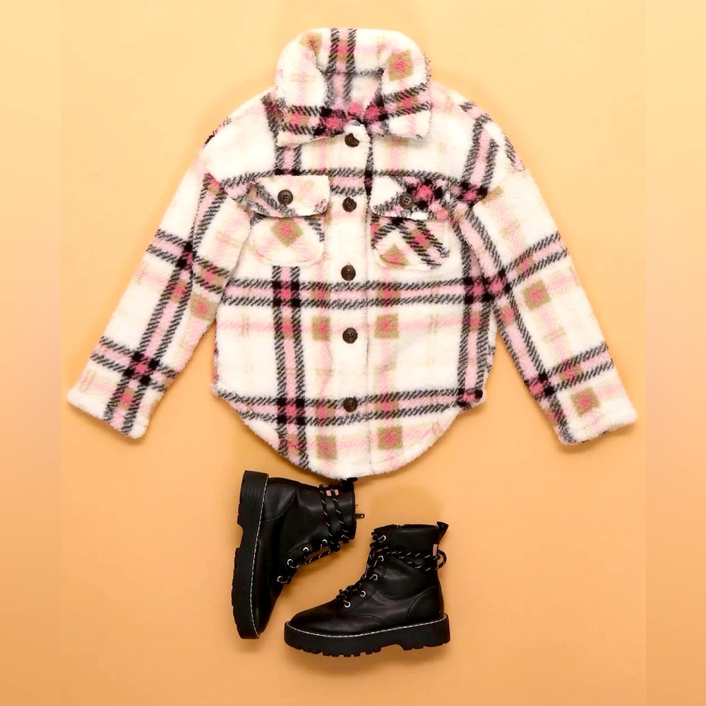 Fashion Nova Kids Sherpa Shacket Plaid Black/Combo- NWT